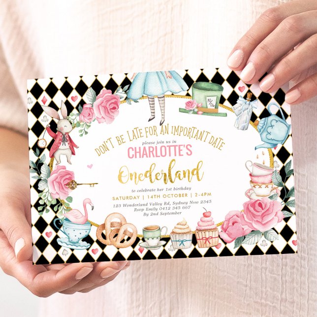 Black Rosa Guld Alice i Onederland Birthday Tea Inbjudningar (Skapare uppladdad)