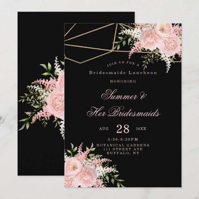 Black  Rosa Guld Blommigt Bridesmaids Luncheon Inbjudningar (Fram/baksida)