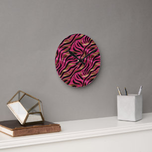 Black Rosa Guld Zebra ränder Animal Print Mönster Rund Klocka