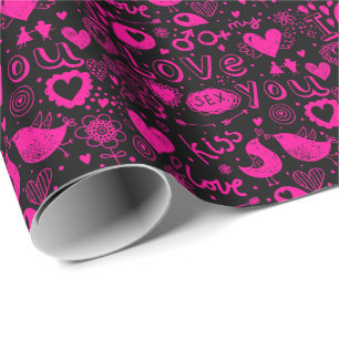 Black & Rosa Hearts, Birds, Cupid, Kiss Kärlek Presentpapper