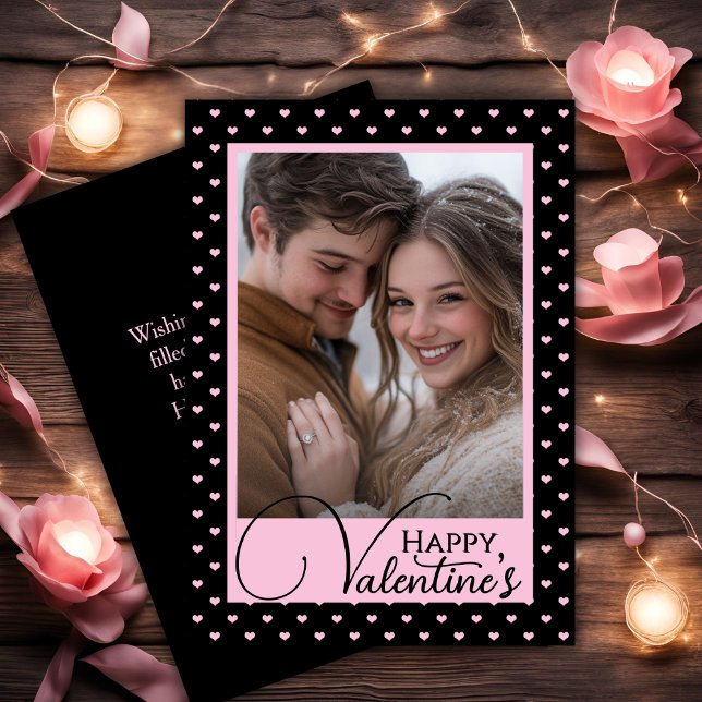 Black & Rosa Hearts Lycklig Valentines Anpassnings Julkort (Black & Pink Hearts Happy Valentine's Custom Photo Holiday Card)