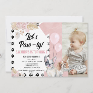 Black Rosa Hund Tass-ty Boho Blommigt 1:a födelsed Inbjudningar