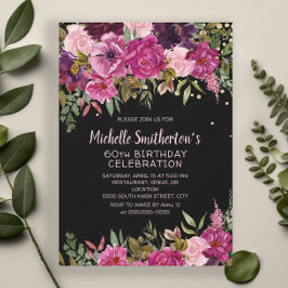Black Rosa Lila Blommigt Glitter 60:e födelsedagen Inbjudningar