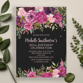 Black Rosa Lila Blommigt Glitter 80:e födelsedagen Inbjudningar