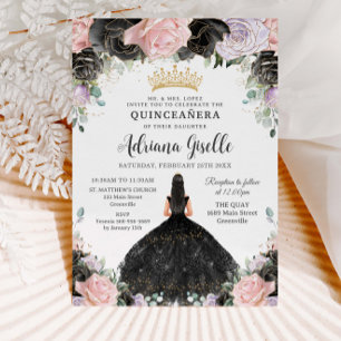 Black Rosa Lila Blommigt Guld Quinceanera Sweet 16 Inbjudningar