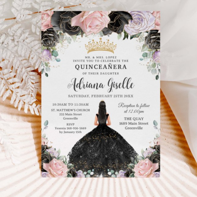 Black Rosa Lila Blommigt Guld Quinceanera Sweet 16 Inbjudningar (Skapare uppladdad)