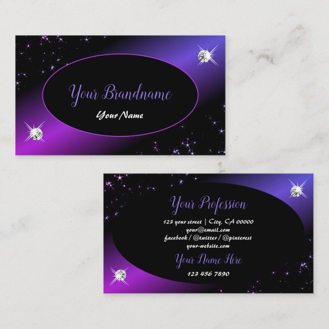 Black Rosa Lila Glitter Stars Jewels Glamous Visitkort (Fram/baksida)