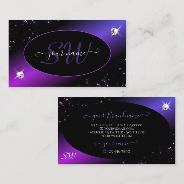 Black Rosa Lila Glitter Stars Jewels Monogram Visitkort (Fram/baksida)