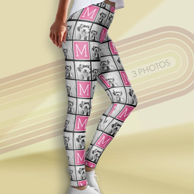 Black Rosa Monogram med Anpassningsbar 3 Photo Col Leggings (Custom Photo Leggings)