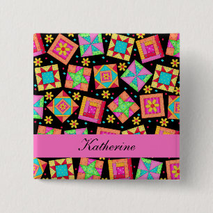 Black Rosa Patchwork Quilt Blocks Namn Badge Knapp