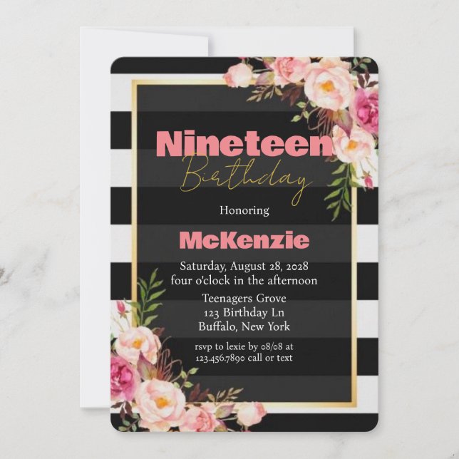 Black Rosa Peony Guld Girl 19:e Födelsedagsfesten Inbjudningar (Framsida)