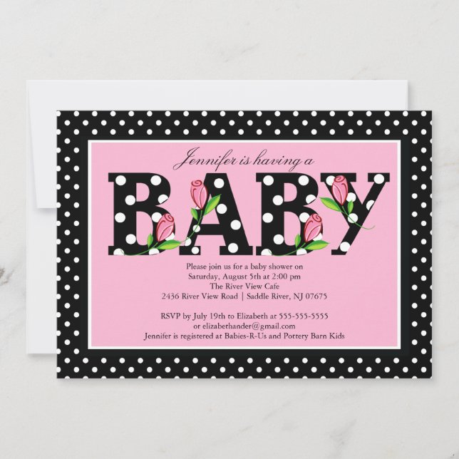 Black Rosa Polka Dot "baby" Baby Shower Inbjudningar (Framsida)