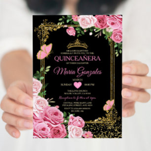 Black Rosa Quinceañera Krona Butterfly 15 Anos Inbjudningar