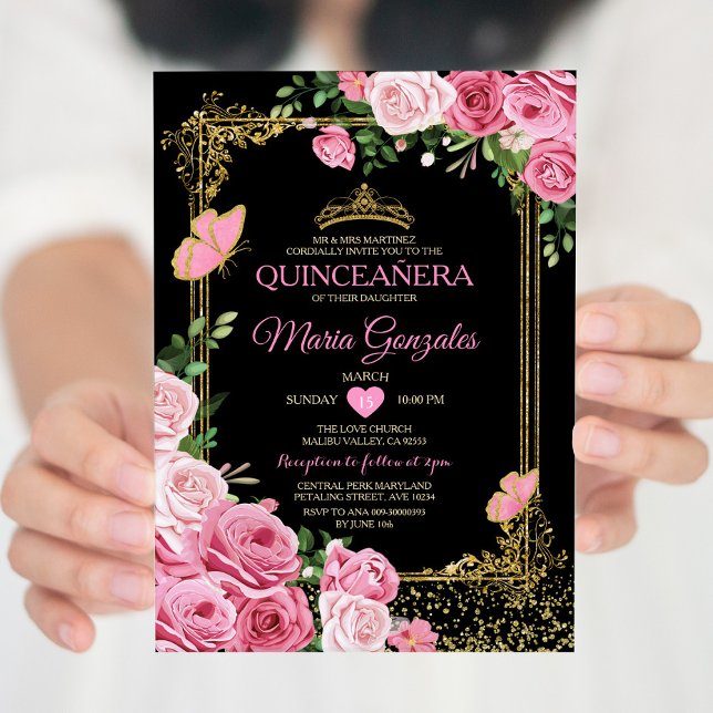 Black Rosa Quinceañera Krona Butterfly 15 Anos Inbjudningar (Skapare uppladdad)
