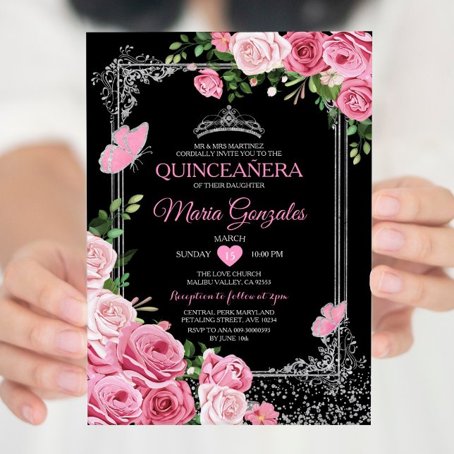 Black Rosa Quinceañera Krona Butterfly 15 Anos Inbjudningar (Skapare uppladdad)