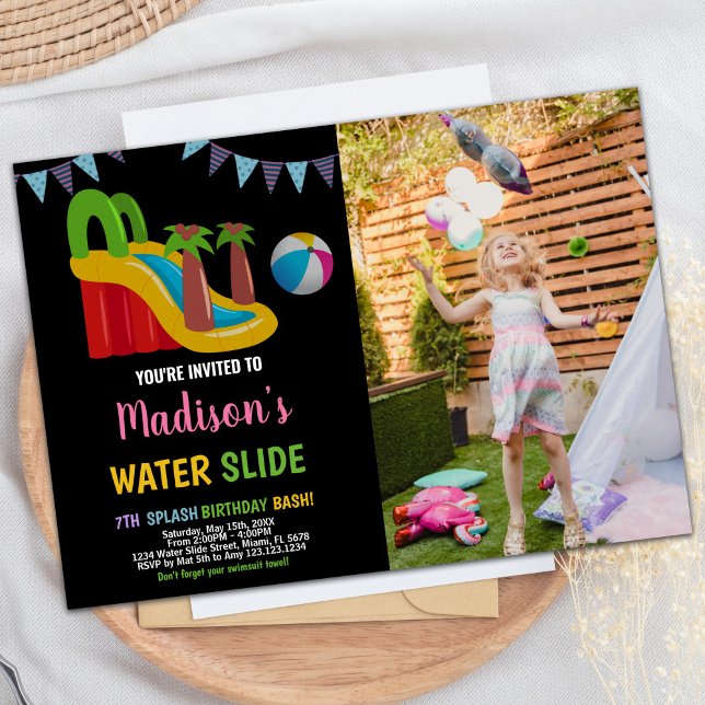 Black Rosa Red Lila Photo Vatten Slide Inbjudningar (Black Pink Red Purple Photo Water Slide Invitation)