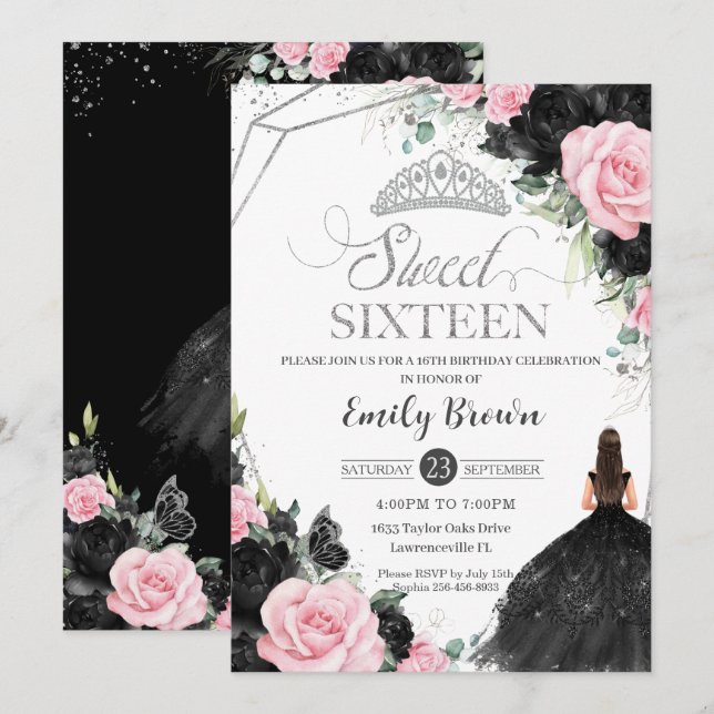 Black Rosa ros Blommigt Princess Sweet 16 Silver Inbjudningar (Fram/baksida)