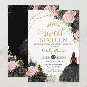 Black Rosa ros Blommigt Tan Princess Sweet sixteen Inbjudningar