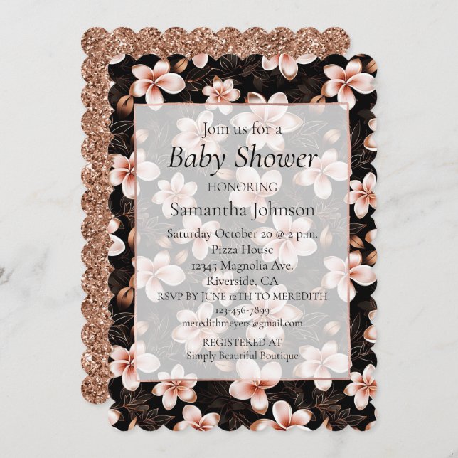 Black  Rosa ros Guld Blommigt Baby Shower Inbjudningar (Fram/baksida)