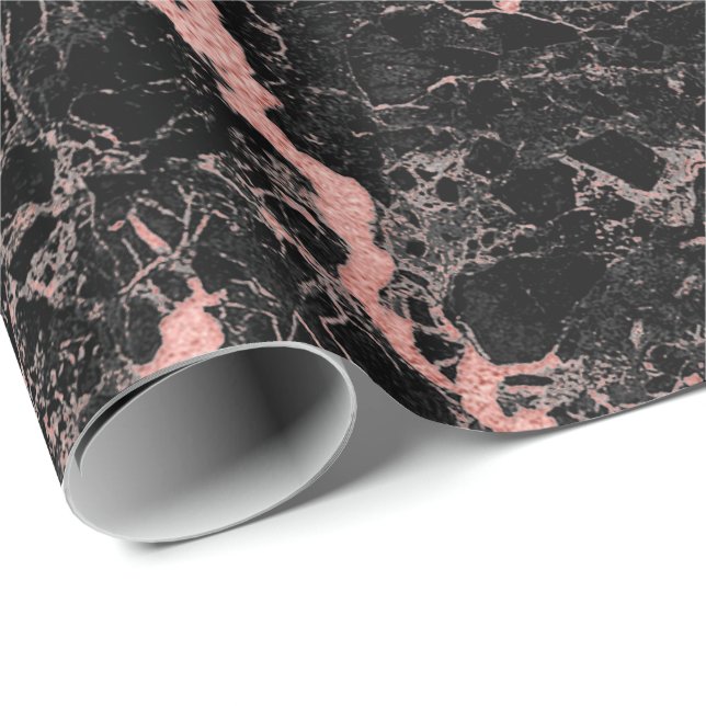 Black Rosa ros Veins Abstrakt Marble Stone Glam Presentpapper (Rullad Hörn)