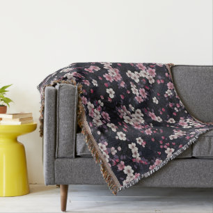 Black Rosa Sakura Flowers, Mönster Design, Filt