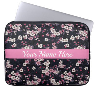 Black Rosa Sakura Flowers, Mönster Design, Laptop Fodral