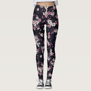 Black Rosa Sakura Flowers, Mönster Design, Leggings
