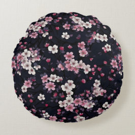 Black Rosa Sakura Flowers, Mönster Design, Rund Kudde