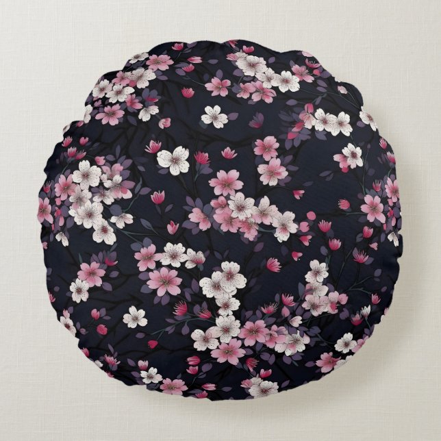 Black Rosa Sakura Flowers, Mönster Design, Rund Kudde (Framsidan)