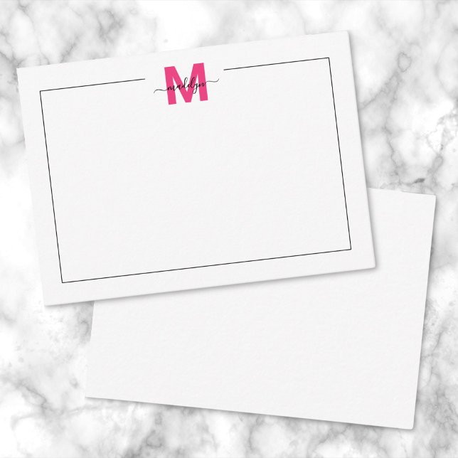 Black Rosa Script Namn Monogram Anteckningskort (Black Pink Script Name Monogram Note Card )