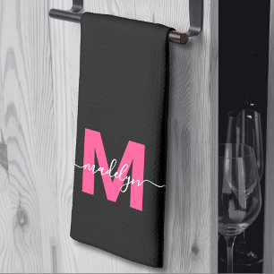 Black Rosa Script Namn Monogram Kökshandduk