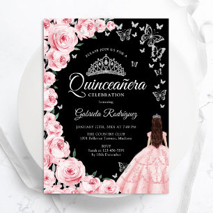 Black Rosa Silver Blommigt Butterflies Quinceanera Inbjudningar