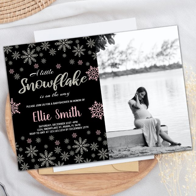 Black Rosa Silver Winter Baby Shower Photo Inbjudningar (Black Pink Silver Winter Baby Shower Photo Invitation)