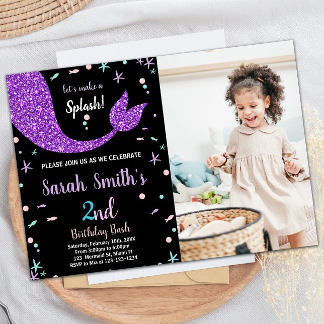 Black Rosa Sjöjungfru Svan Birthday med foto Inbjudningar (Black Pink Mermaid Tail Birthday with photo Invitation)