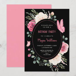 Black Rosa Watercolor Blommigt Ro födelsedag Inbjudningar