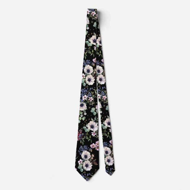 Black Rosa White Grönt Moody Blommigt Neck Tie Slips (Framsida)