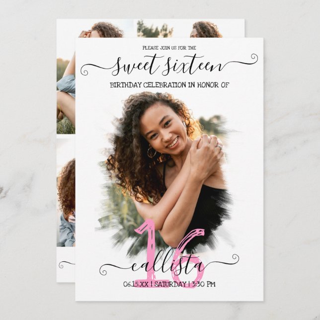 Black Rosa White Halo Photo Collage Sweet 16 Inbjudningar (Fram/baksida)