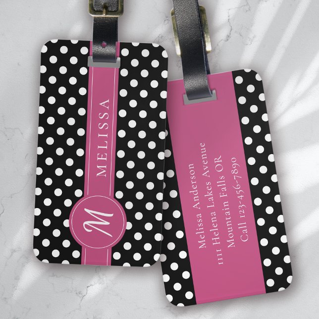 Black Rosa White Monogram Polka dots Bagagebricka (Skapare uppladdad)