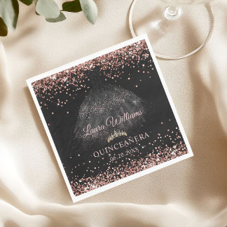 Black & Rose Gold Glitter Princess Quinceañera  Pappersservett