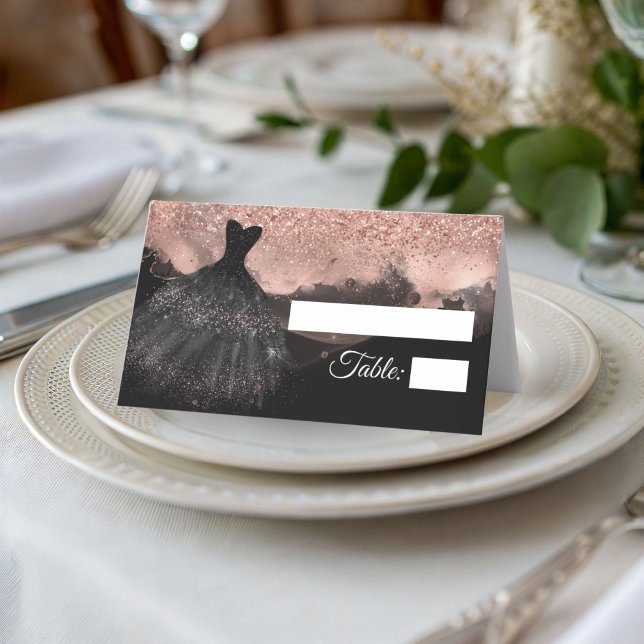 Black & Rose Gold Princess Quinceañera Placeringskort (Black and Rose Gold Princess quinceañera place card)
