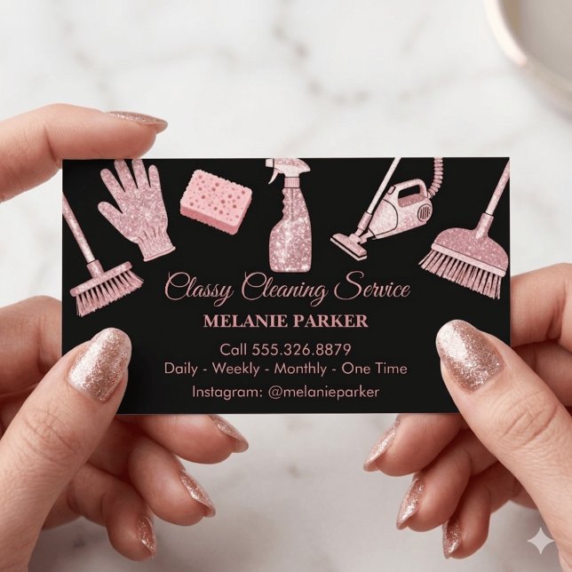 Black & Rose pink Glitter Classy Cleaning Services Visitkort (Skapare uppladdad)