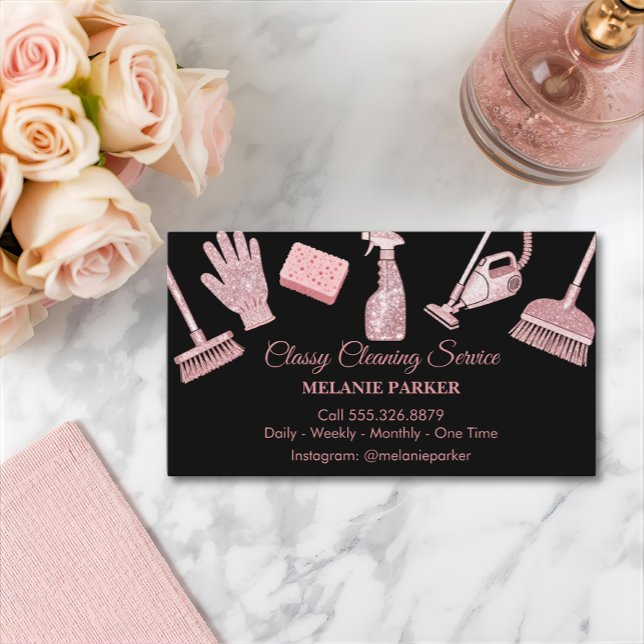 Black & Rose pink Glitter Classy Cleaning Services Visitkort (Skapare uppladdad)