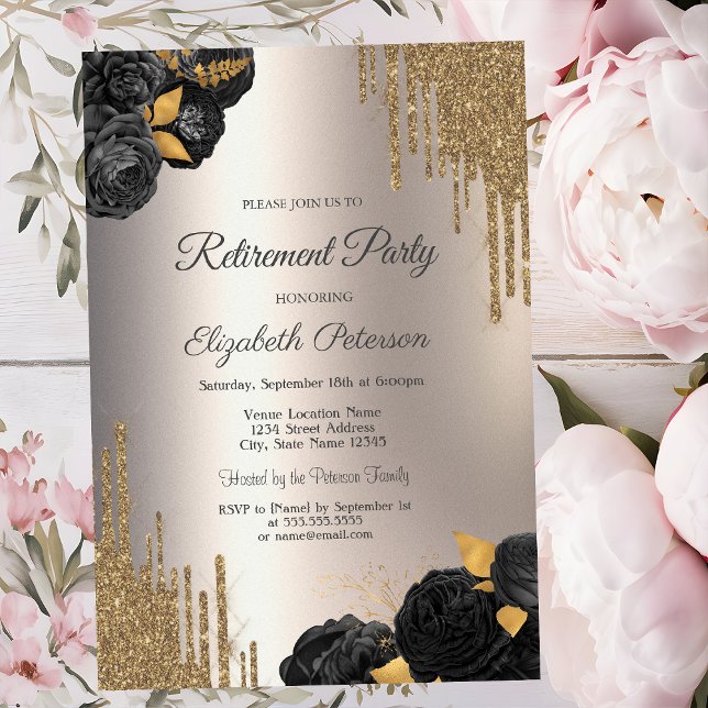 Black Roses Glitter Drips Ivory Retirement Party Inbjudningar (Skapare uppladdad)