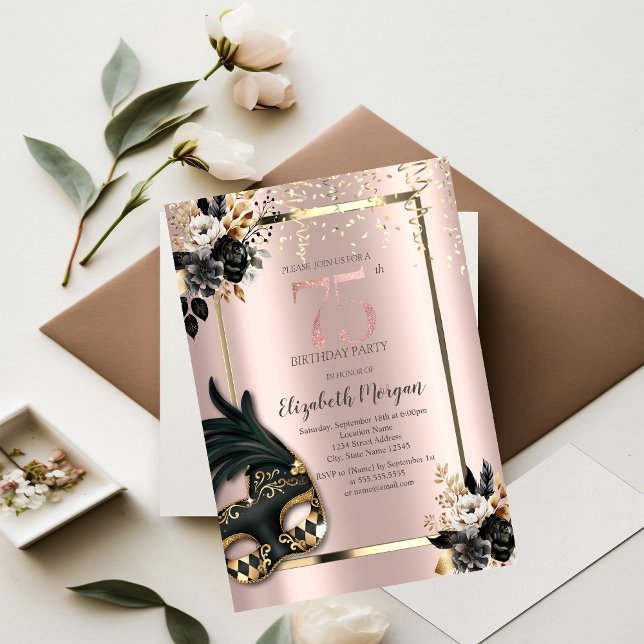 Black Rosor Masque Confetti Ro Guld 75:e Inbjudningar (Skapare uppladdad)