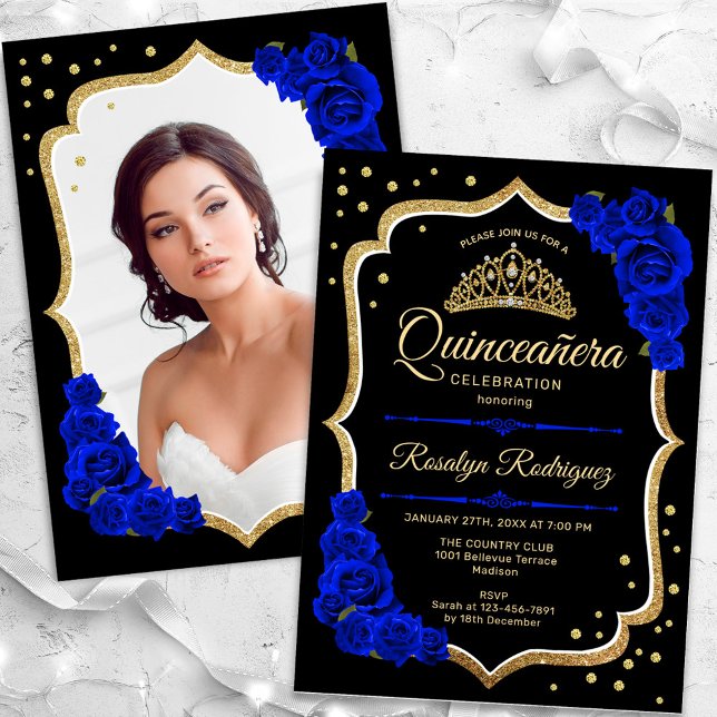Black Royal Blue Guld Photo Quinceanera Inbjudningar (Skapare uppladdad)