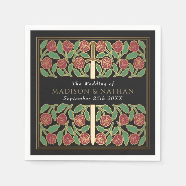 Black Royal Medieval Gold Floral Sword Wedding Pappersservett (Framsidan)