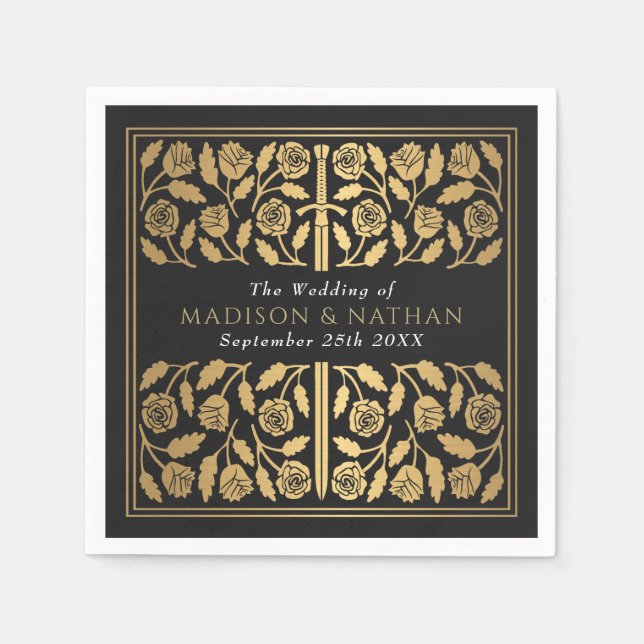 Black Royal Medieval Gold Sword Wedding Pappersservett (Framsidan)