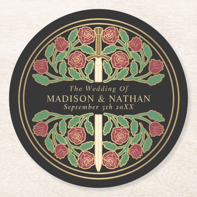 Black Royal Medieval Gold Sword Wedding Underlägg Papper Rund (Framsidan)