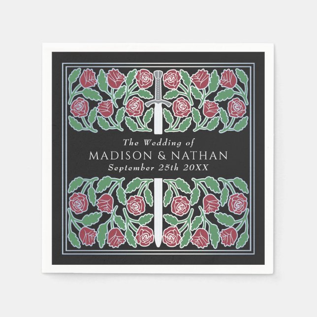 Black Royal Medieval Silver Floral Sword Wedding Pappersservett (Framsidan)