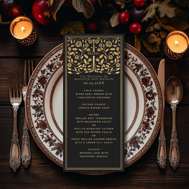 Black Royal Medieval Sword Bröllop Flat Menu Meny (Skapare uppladdad)